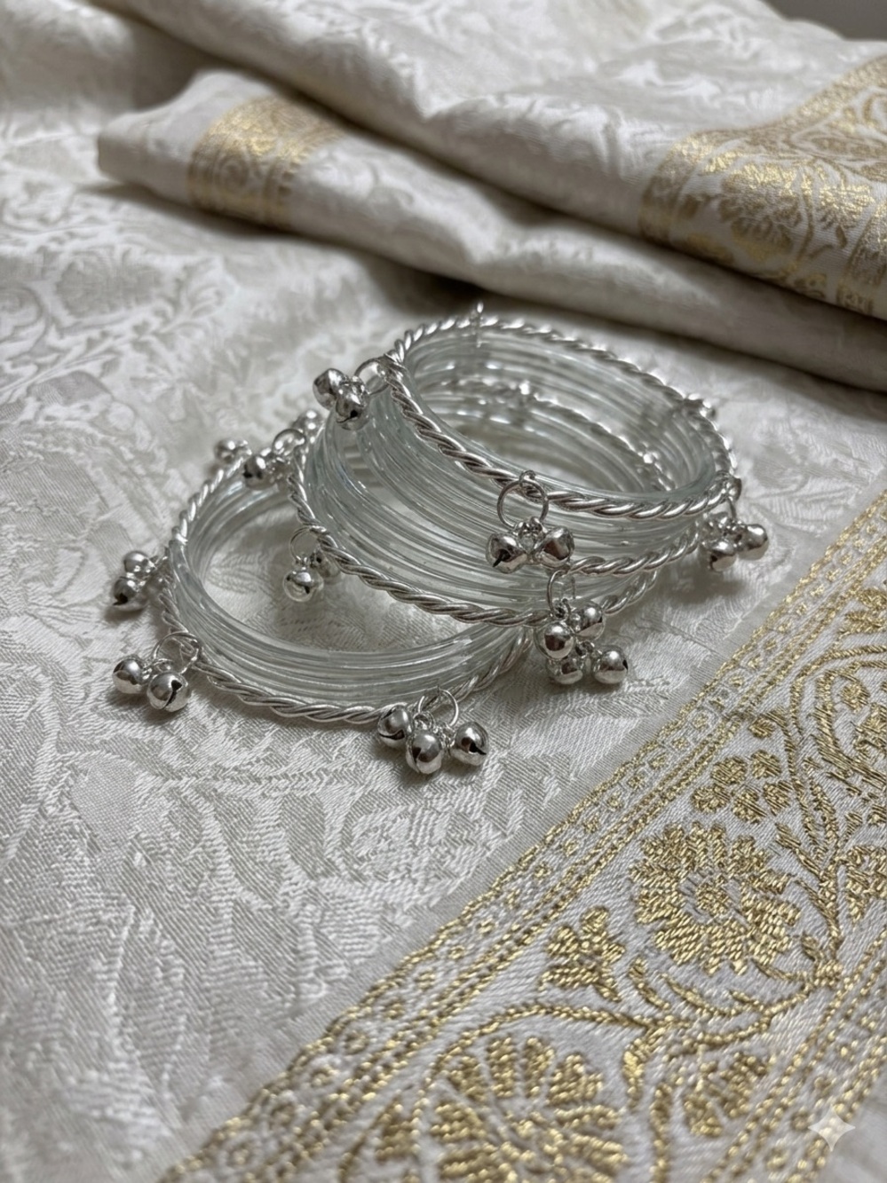 Silver Glass Bangle Set with Bell Charms - Women Jewelry